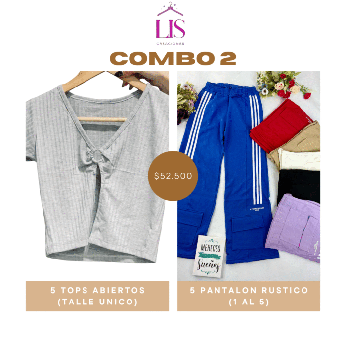COMBO 2 TOP ABIERTO + PANTALON RUSTICO - Imagen 1